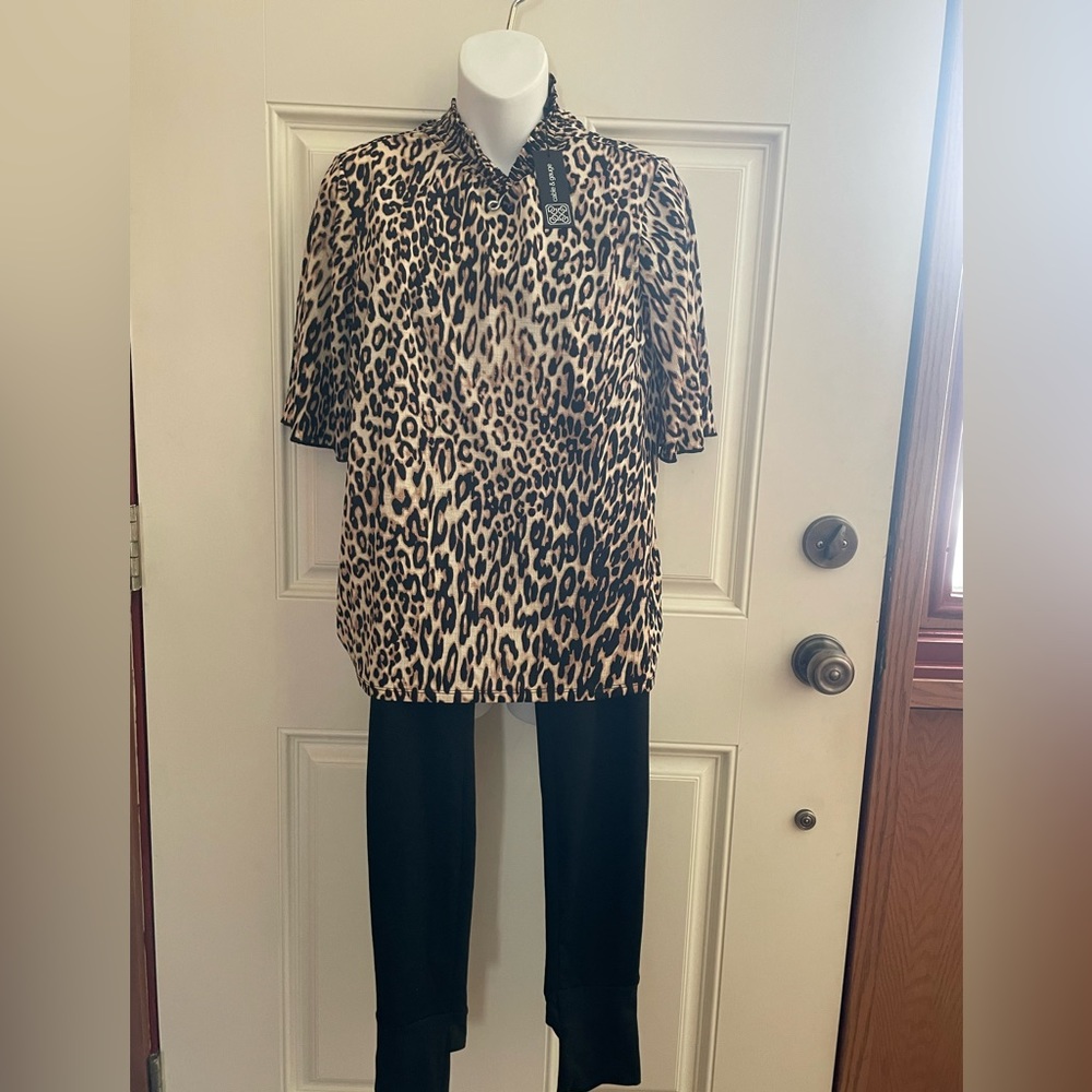 2 Piece Set includes black leggings & a NWT animal print blouse.